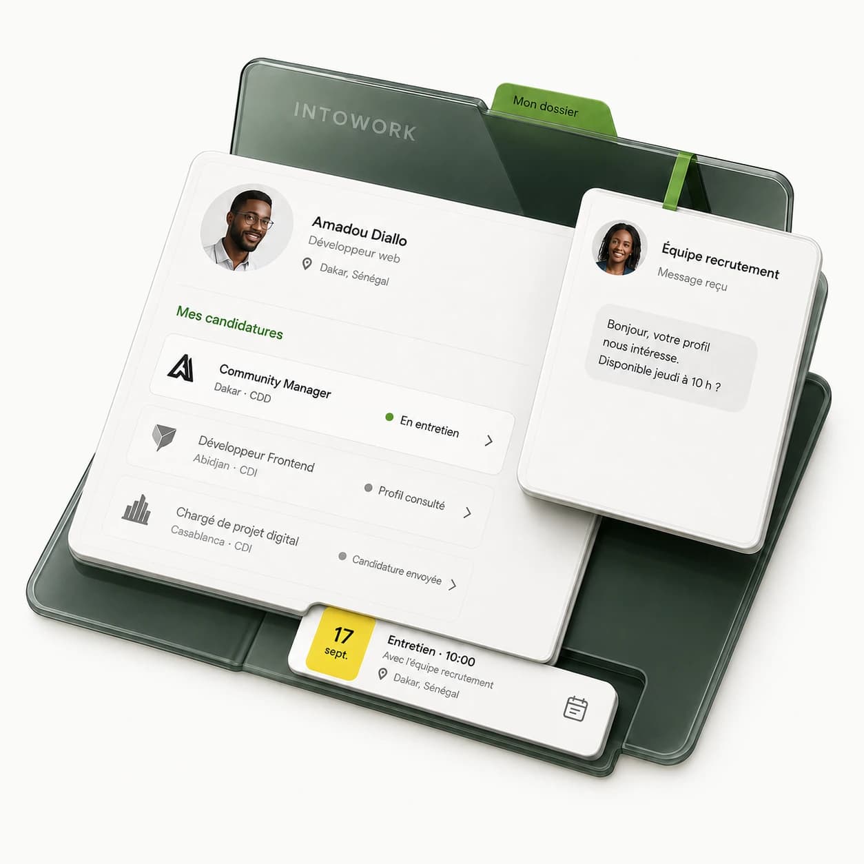 Dossier candidat ouvert : suivi des candidatures, message reçu de l’équipe recrutement et invitation à un entretien. Illustration aux données fictives.